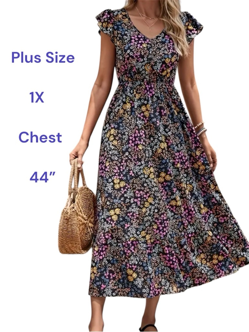 Floral Maxi Dress Ruffled Cap Sleeve Women’s Plus Size 1X Multicolor Bohemian